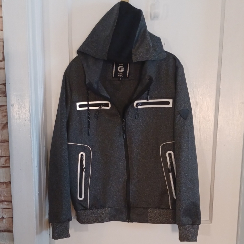Gray Hooded Jacket with White Accents Fried Denim Women's Size Small